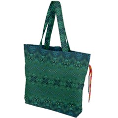 Boho Emerald Green And Blue  Drawstring Tote Bag by SpinnyChairDesigns