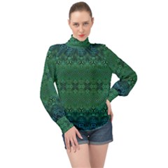 Boho Emerald Green And Blue  High Neck Long Sleeve Chiffon Top by SpinnyChairDesigns