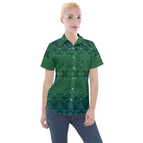 Boho Emerald Green And Blue  Women s Short Sleeve Pocket Shirt by SpinnyChairDesigns