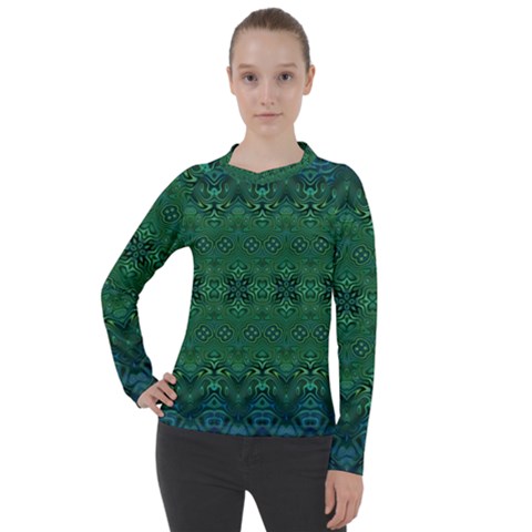 Boho Emerald Green And Blue  Women s Pique Long Sleeve Tee by SpinnyChairDesigns