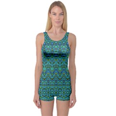 Boho Teal Green Blue Pattern One Piece Boyleg Swimsuit by SpinnyChairDesigns