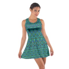 Boho Teal Green Blue Pattern Cotton Racerback Dress by SpinnyChairDesigns