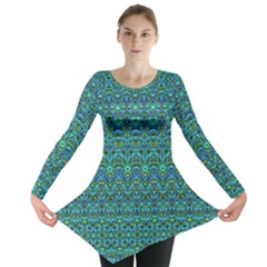 Boho Teal Green Blue Pattern Long Sleeve Tunic  by SpinnyChairDesigns