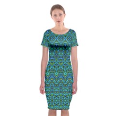 Boho Teal Green Blue Pattern Classic Short Sleeve Midi Dress by SpinnyChairDesigns