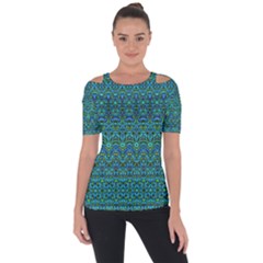 Boho Teal Green Blue Pattern Shoulder Cut Out Short Sleeve Top by SpinnyChairDesigns