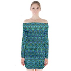 Boho Teal Green Blue Pattern Long Sleeve Off Shoulder Dress by SpinnyChairDesigns