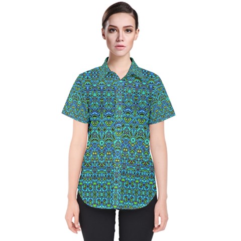Boho Teal Green Blue Pattern Women s Short Sleeve Shirt by SpinnyChairDesigns