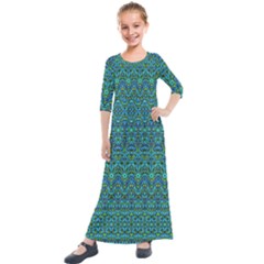 Boho Teal Green Blue Pattern Kids  Quarter Sleeve Maxi Dress by SpinnyChairDesigns