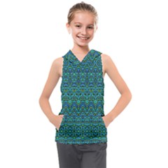 Boho Teal Green Blue Pattern Kids  Sleeveless Hoodie by SpinnyChairDesigns