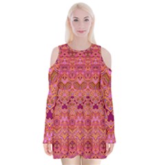 Boho Pink Pattern Velvet Long Sleeve Shoulder Cutout Dress by SpinnyChairDesigns