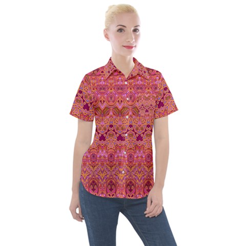 Boho Pink Pattern Women s Short Sleeve Pocket Shirt by SpinnyChairDesigns