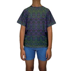 Boho Purple Green Pattern Kids  Short Sleeve Swimwear by SpinnyChairDesigns