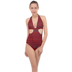 Boho Red Black Grey Halter Front Plunge Swimsuit by SpinnyChairDesigns