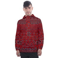 Boho Red Black Grey Men s Front Pocket Pullover Windbreaker by SpinnyChairDesigns