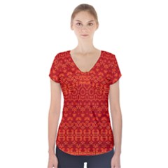 Boho Red Orange Short Sleeve Front Detail Top by SpinnyChairDesigns