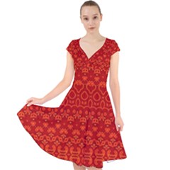 Boho Red Orange Cap Sleeve Front Wrap Midi Dress by SpinnyChairDesigns