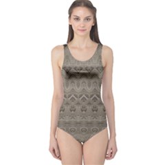 Boho Khaki  One Piece Swimsuit by SpinnyChairDesigns