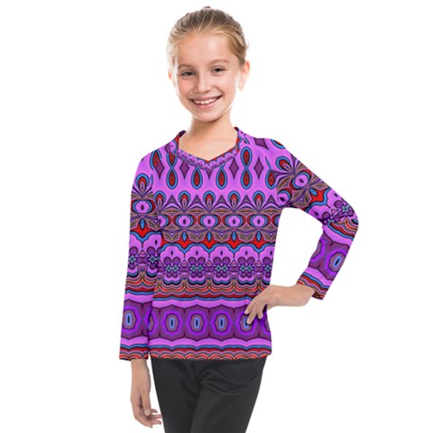 Boho Magenta Pattern Kids  Long Mesh Tee by SpinnyChairDesigns