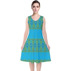 Boho Blue Green Pattern V-neck Midi Sleeveless Dress  by SpinnyChairDesigns