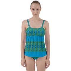 Boho Blue Green Pattern Twist Front Tankini Set by SpinnyChairDesigns