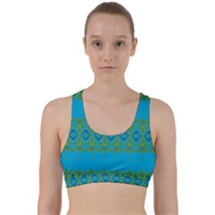 Boho Blue Green Pattern Back Weave Sports Bra by SpinnyChairDesigns