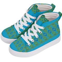 Boho Blue Green Pattern Kids  Hi-top Skate Sneakers by SpinnyChairDesigns