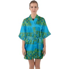 Boho Blue Green Pattern Half Sleeve Satin Kimono  by SpinnyChairDesigns