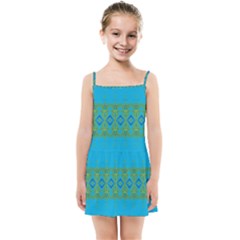 Boho Blue Green Pattern Kids  Summer Sun Dress by SpinnyChairDesigns