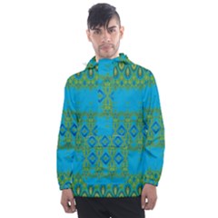 Boho Blue Green Pattern Men s Front Pocket Pullover Windbreaker by SpinnyChairDesigns