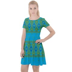Boho Blue Green Pattern Cap Sleeve Velour Dress  by SpinnyChairDesigns