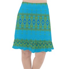 Boho Blue Green Pattern Fishtail Chiffon Skirt by SpinnyChairDesigns