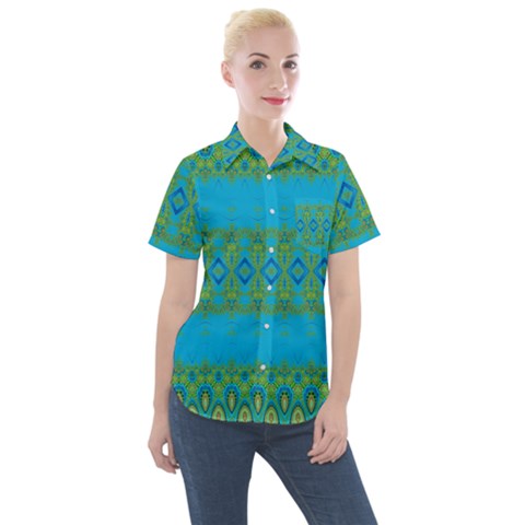 Boho Blue Green Pattern Women s Short Sleeve Pocket Shirt by SpinnyChairDesigns