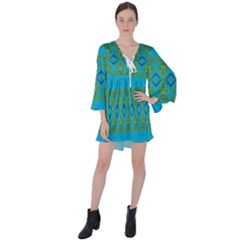 Boho Blue Green Pattern V-neck Flare Sleeve Mini Dress