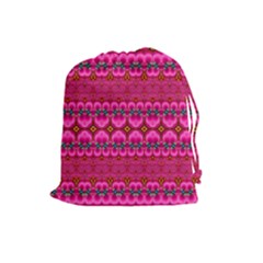 Boho Bright Pink Floral Drawstring Pouch (large) by SpinnyChairDesigns