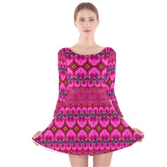 Boho Bright Pink Floral Long Sleeve Velvet Skater Dress by SpinnyChairDesigns