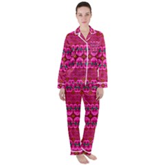 Boho Bright Pink Floral Satin Long Sleeve Pyjamas Set by SpinnyChairDesigns