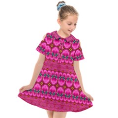 Boho Bright Pink Floral Kids  Short Sleeve Shirt Dress by SpinnyChairDesigns