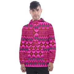 Boho Bright Pink Floral Men s Front Pocket Pullover Windbreaker by SpinnyChairDesigns