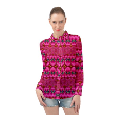 Boho Bright Pink Floral Long Sleeve Chiffon Shirt by SpinnyChairDesigns