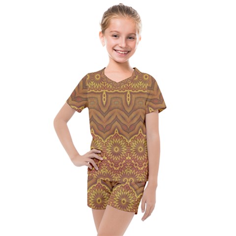 Boho Sunflower Print Kids  Mesh Tee And Shorts Set by SpinnyChairDesigns