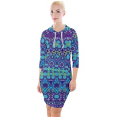 Boho Purple Blue Teal Floral Quarter Sleeve Hood Bodycon Dress by SpinnyChairDesigns