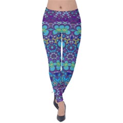 Boho Purple Blue Teal Floral Velvet Leggings by SpinnyChairDesigns