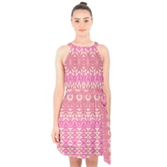 Boho Pink Floral Pattern Halter Collar Waist Tie Chiffon Dress by SpinnyChairDesigns
