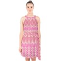 Boho Pink Floral Pattern Halter Collar Waist Tie Chiffon Dress View1