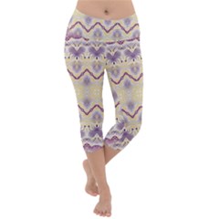 Boho Violet Yellow Lightweight Velour Capri Yoga Leggings by SpinnyChairDesigns