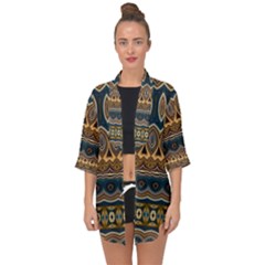 Boho Brown Blue Open Front Chiffon Kimono