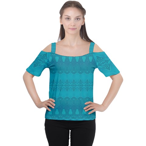 Boho Teal Pattern Cutout Shoulder Tee by SpinnyChairDesigns