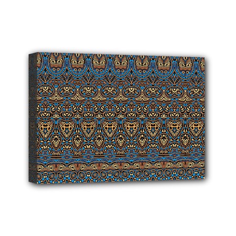 Boho Blue Gold Pattern Mini Canvas 7  X 5  (stretched) by SpinnyChairDesigns