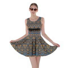 Boho Blue Gold Pattern Skater Dress by SpinnyChairDesigns