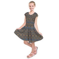 Boho Blue Gold Pattern Kids  Short Sleeve Dress by SpinnyChairDesigns